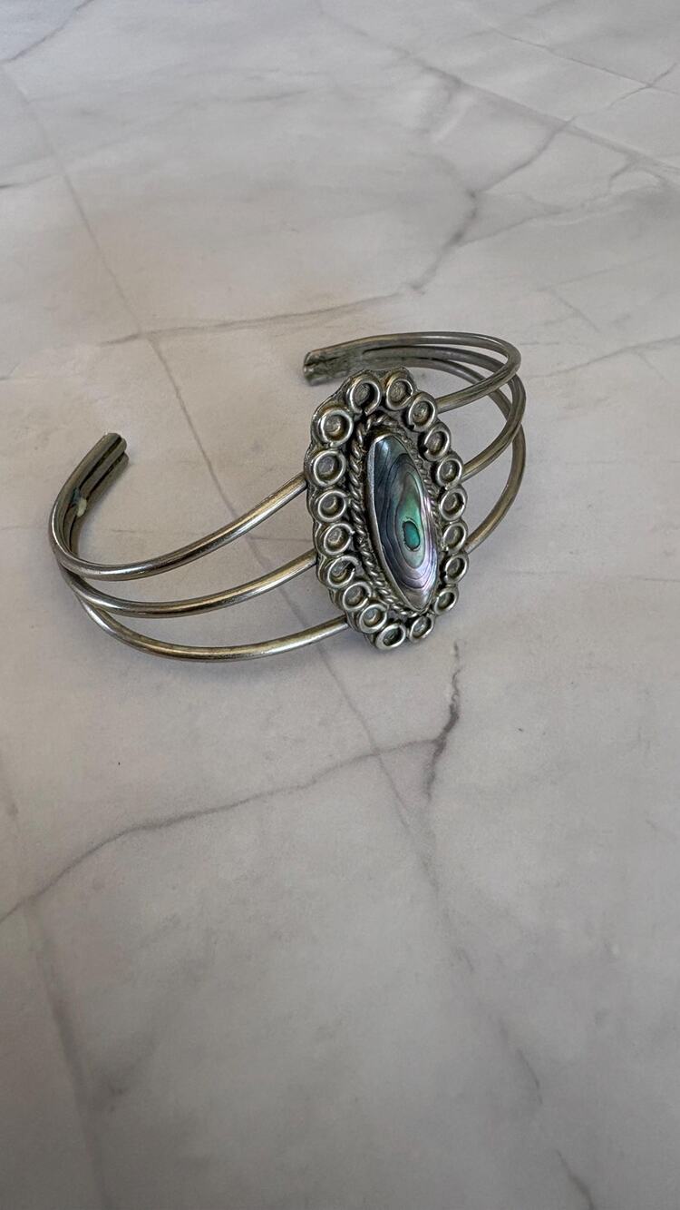 Vintage Abalone Shell Wire Cuff Bracelet Petite 5.25" Southwestern Silver Tone